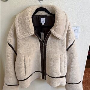 NWT GAP Women's Cream Teddy Jacket with Dark Brown Details